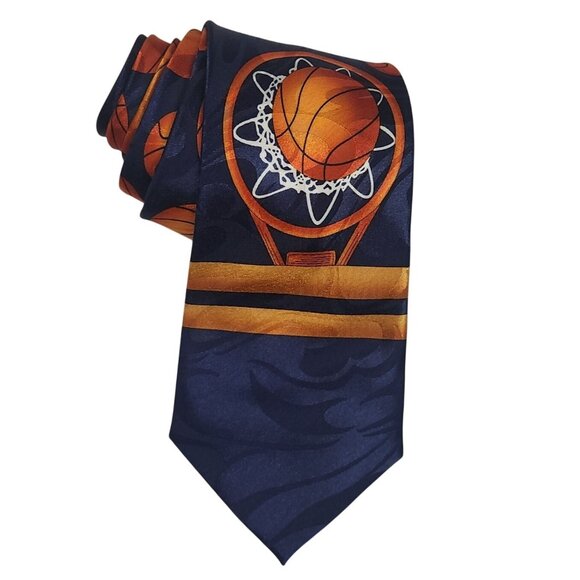 Basketball-Themed Silk Tie  Orange Basketball Design On Navy & Gold Background - Picture 1 of 7